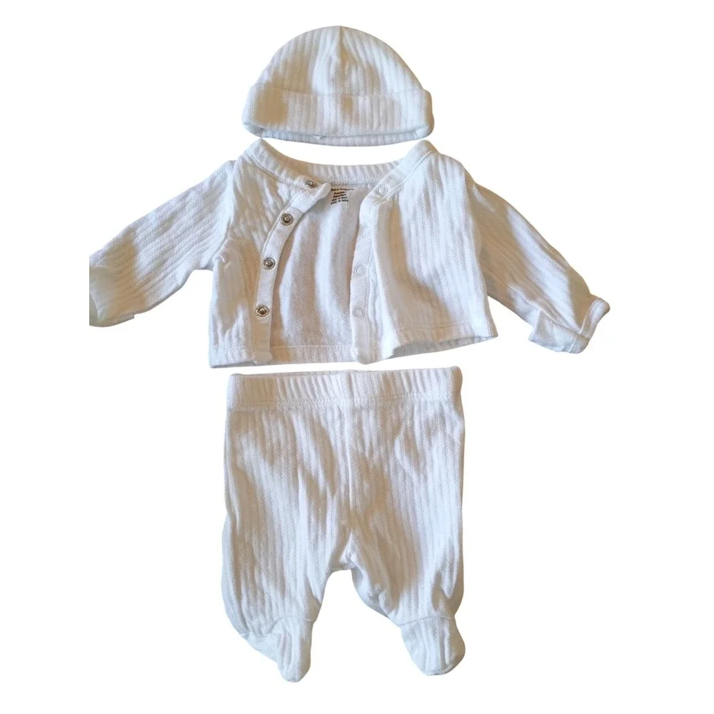 Gerber Preemie 3pc Set White Pointelle Knit Cardigan Footed Pants Beanie Cotton